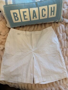 Ralph Lauren Women's Pinstripe Bermuda Shorts - White & Navy Blue Size 14